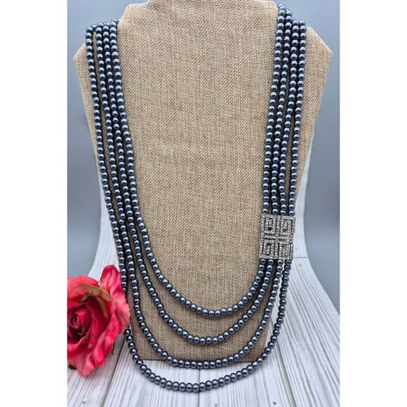 NWT Dark Gray Faux Pearl Mutli Strand Bead Necklace Long Layered Crystal Accent - Picture 2 of 8
